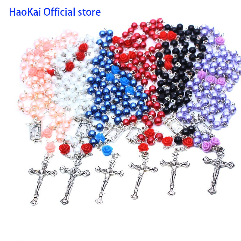 【 Religious Jewelry 】 Haokai 6mm Pearl Rose Rosary Necklace Cross Bead Chain Christian Catholic Jewelry