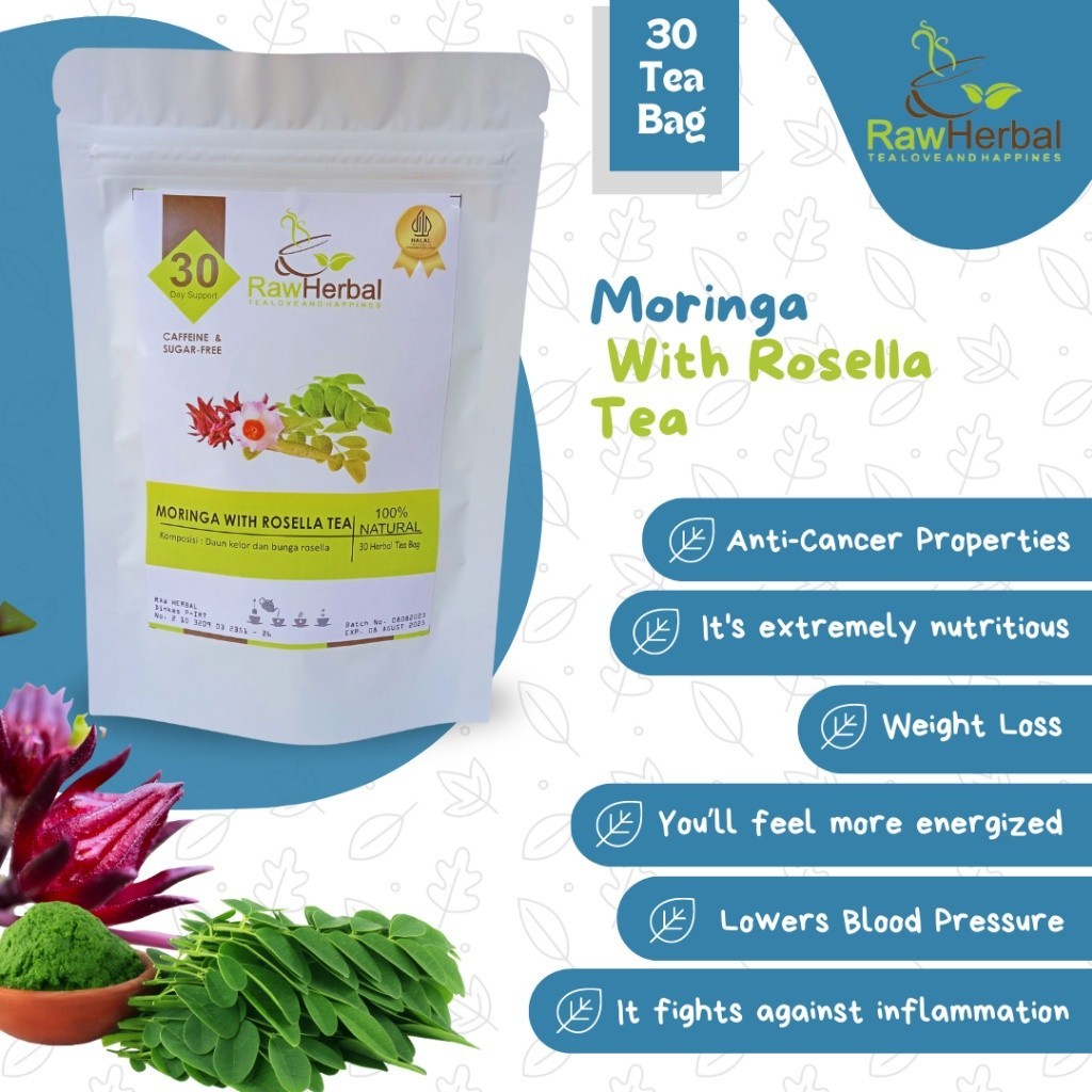 Moringa With Rosella Tea : Teh Daun Kelor & Rosella Merah Isi 30 Tea Bag -x1