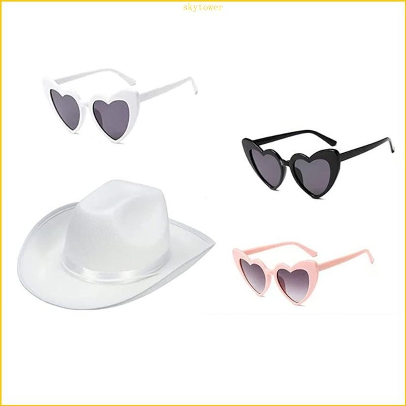 【skytower*】 Cowboy Hat Sunglass Travel Cap Western Hat Outdoor Glasses Jazz-Cap Pink Cowgirl Style Unisex Wear