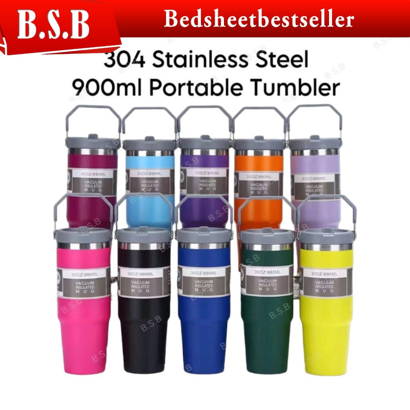 900ml 304 Stainless Steel Handheld Thermos Insulated Vacuum Tumbler Mugater Bottle with Straw Handle cawan termos