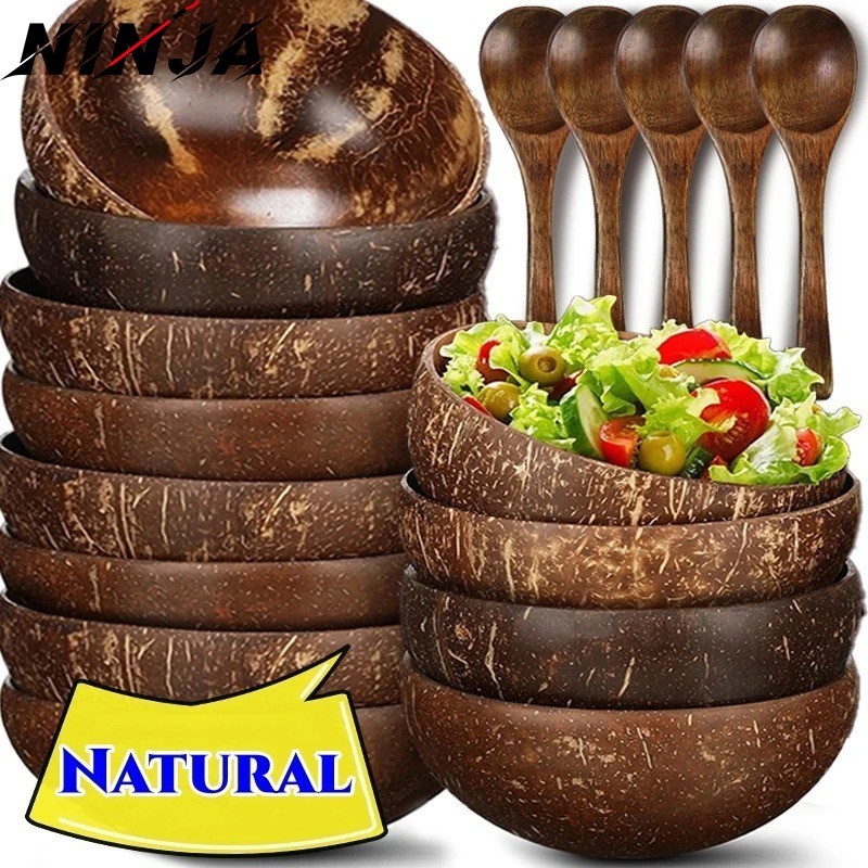 Coconut Bowl with Spoon - Polished Coconut Shell Bowl - Serving Dishes Bowl - for Serving Salad Oatmeal Yogurt - Reusable, Large Capacity, Handmade, Utensils - Kitchen Tableware