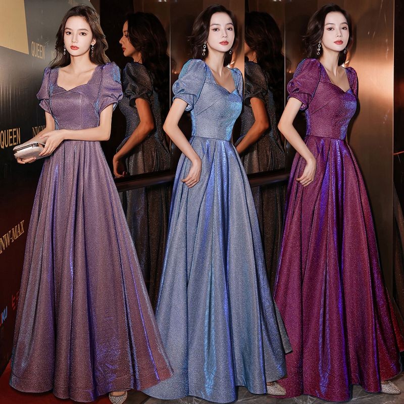 dinner gown plus size baju pengantin raya perempuan rok panjang pakaian jamuan Starry Sky Series Evening Dresses, Temperament, Senior Annual Meeting, V-Neck Stitched Mesh Long Dres
