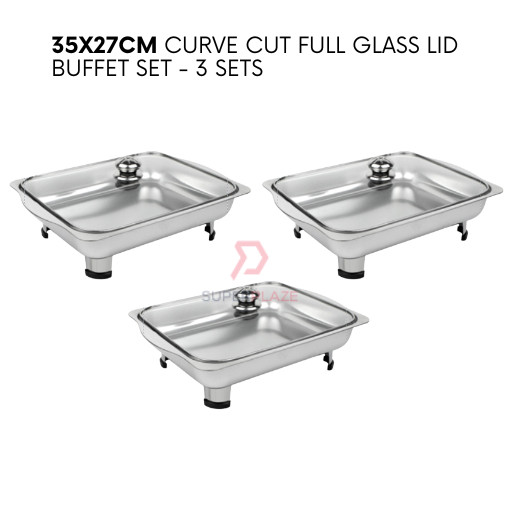 3 Sets 35x27cm Full Glass Lid Stainless Steel Buffet Set Catering Serving Tray Food Pan