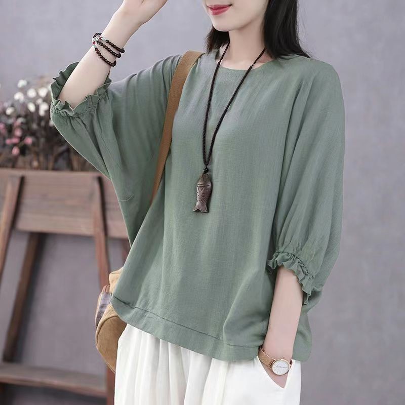 2024 New Style Bat Sleeve Loose Plus Size Mother Wear T-Shirt Top Summer Cover Belly Slimmer Look Short-Sleeved Lantern