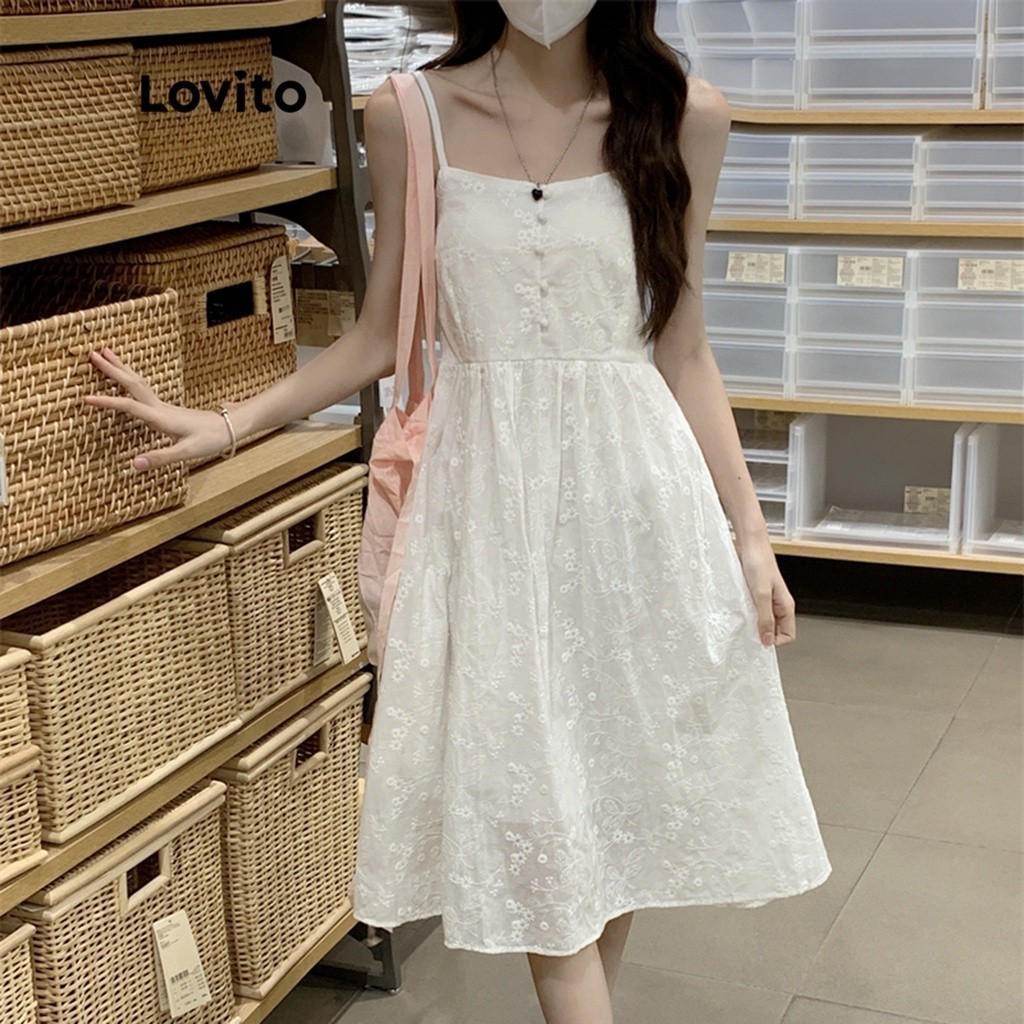 Lovito Boho Plain Eyelet Embroidery Button Front Sleeveless A-Line Midi Dress for Women LNE09196 (White) Lovito Gaun Midi A-Line Boho Bordir Kancing Depan Tanpa Lengan untuk Wanita