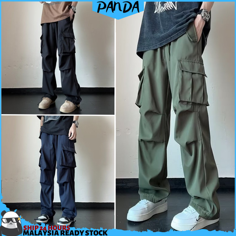 PNT60 PANDASHOP Men Long Loose Fit Straight Cut Pants Man Bottom Trousers Summer Pocket Cargo Pants Seluar Panjang