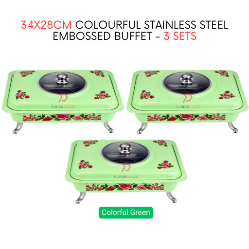 3 Sets Green Straight 34x28cm Colorful Stainless Steel Embossed Buffet Food Pan Catering Food Serving Tray