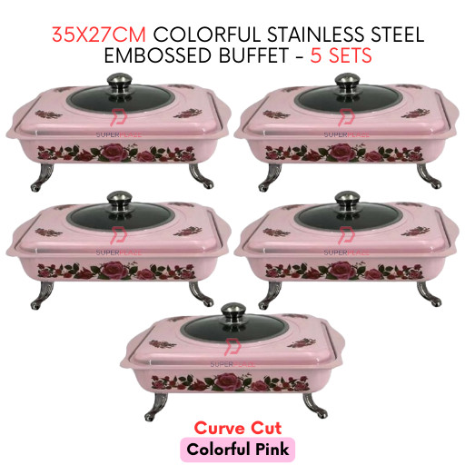 5 Sets Pink Curve 35x27cm Colorful Stainless Steel Embossed Buffet Food Pan Catering Food Serving Set Tray