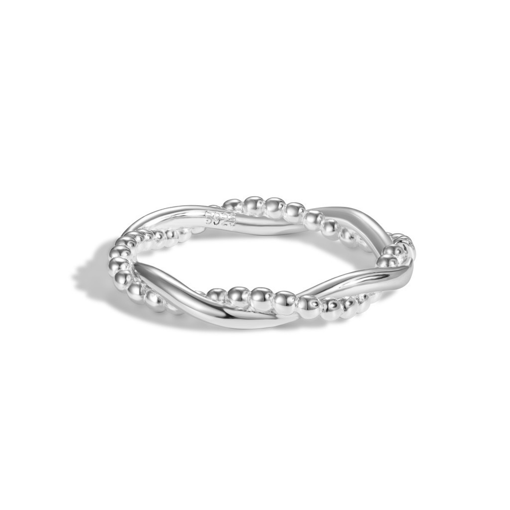 Personalized Statement Design 925 Sterling Silver Rhodium Plated Twisted Double Layer Beaded Geometric Open Jewelry Rings