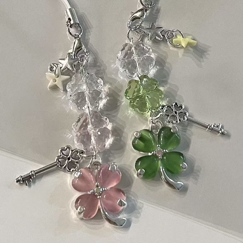 Y2K Pentagram Star Green Four-leaf Clover Keychain Pendant Cell Phone Chain Backpack Charm Decoration Couple Accessories Friend Gift