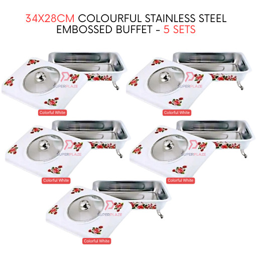 5 Sets White Straight 34x28cm Colorful Stainless Steel Embossed Buffet Food Pan Catering Food Serving Tray