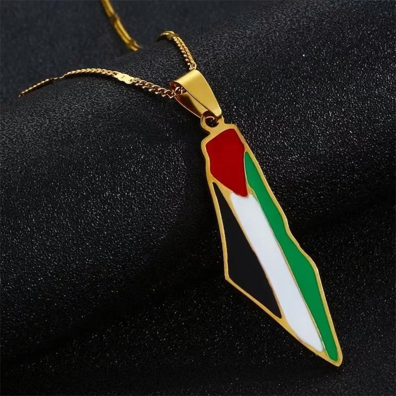 Dropped Vintage Stainless Steel Necklace with Israeli Palestinian Flags Map Pendant Men's and Women's Anniversary Party Jewelry