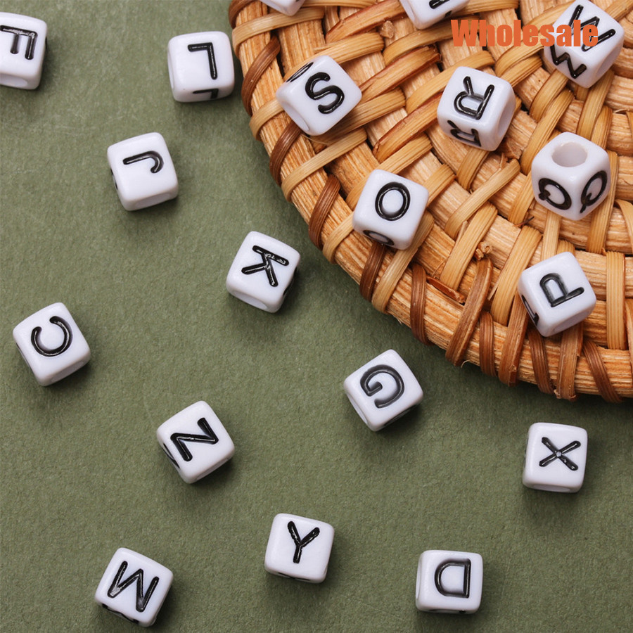 6mm 50PCS 26 Letters Beads White Black Square Loose Spacer Big Hole Pendants DIY for Bracelets Necklace Phone Chain Jewelry Making Accessories Material