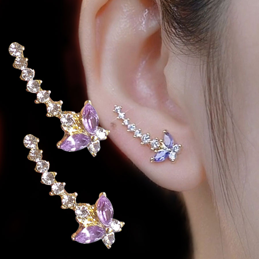 Niche Unique Row Diamond Purple Butterfly New Style Exquisite Fashion High-End Personality Earrings