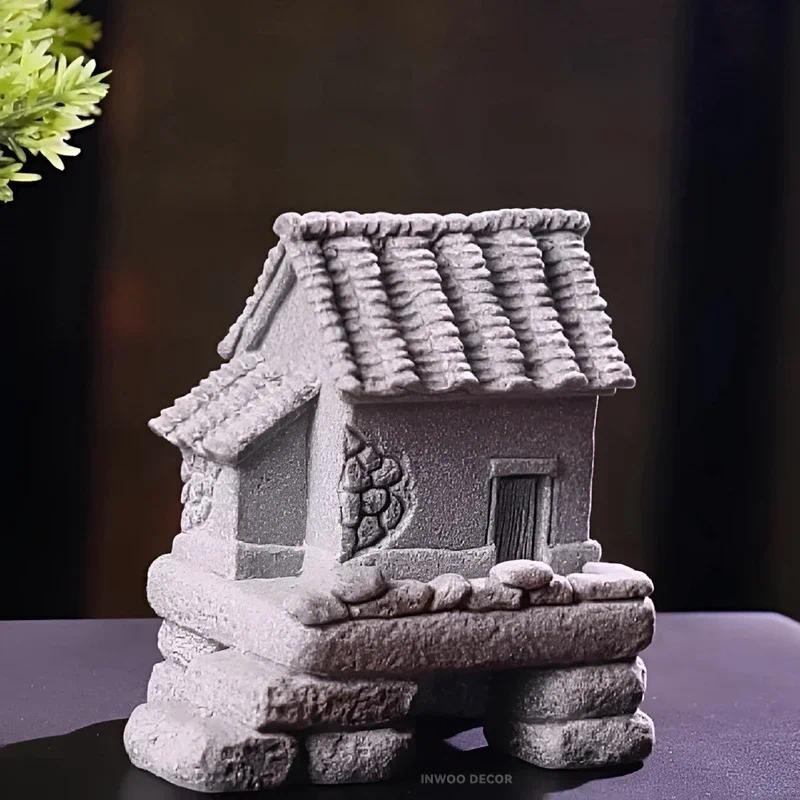 Zen Stone House thatched cottage Hut Well Miniature Figurine Fairy Garden Bonsai Ornaments Aquarium Decoration Rural Landscaping