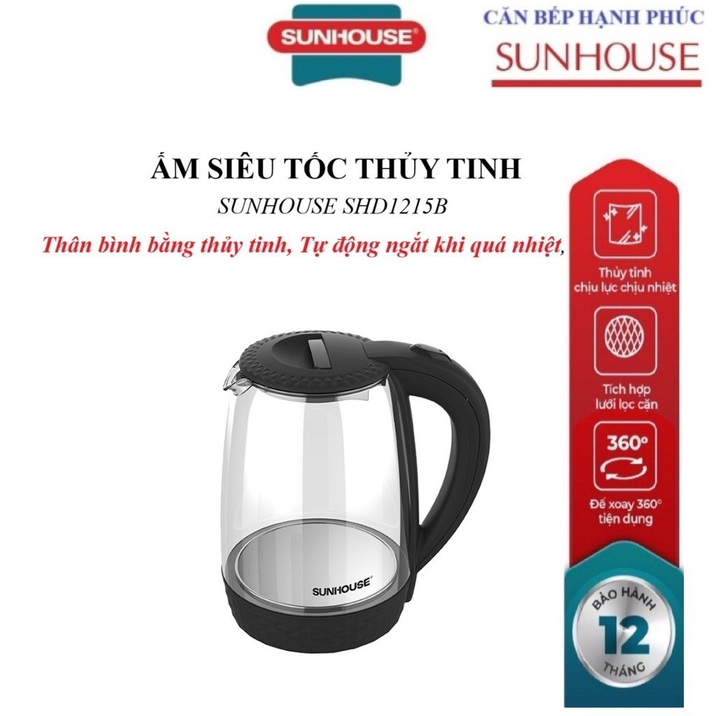 Sunhouse SHD1215B electric kettle, Capacity 1.8 liters, Capacity 1800W, Transparent glass body, Automatic shut-off