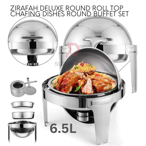 6.5 Liters Zirafah Deluxe Round Roll Top Chafing Dishes Round Buffet Set Catering Serving Tray