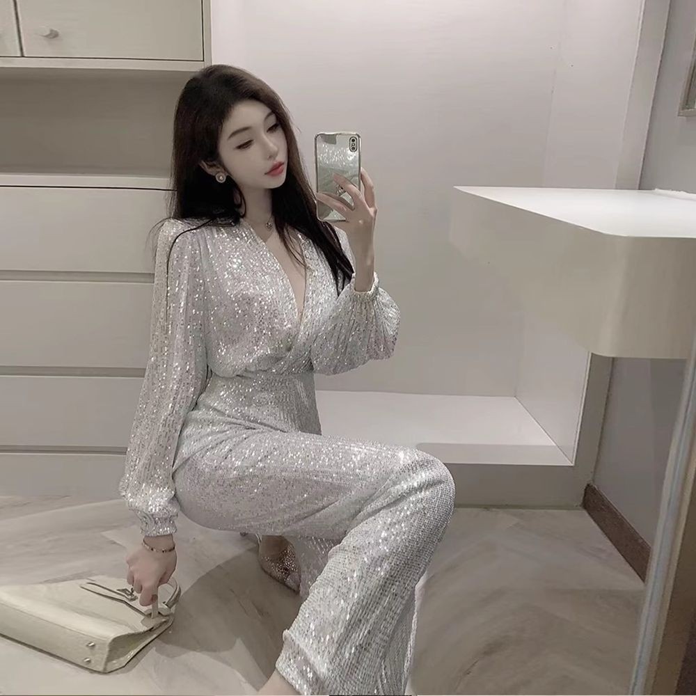 Women's new cross sequin mesh jumpsuit with waistband for slimming effect, high waisted jumpsuit pants