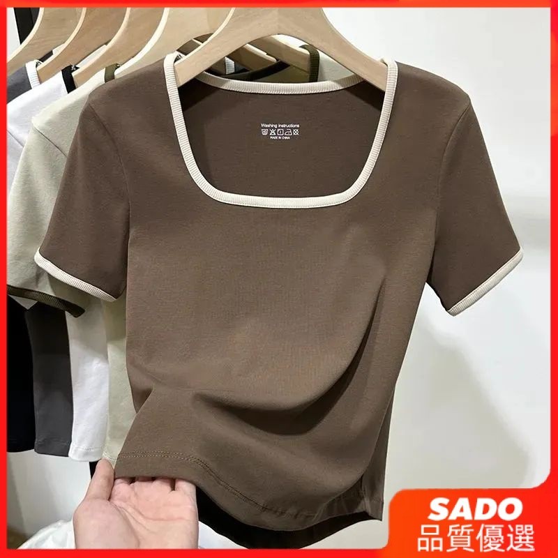 [SADO] Plus Size Women's Korean Version U-Neck Genuine Shoulder Striped Short-Sleeved T-Shirt Women Summer Fat Sister All-Match Cover Bell 大码女装韩版U领正肩条纹短袖T恤女夏季胖妹妹百搭遮肚子短款上衣