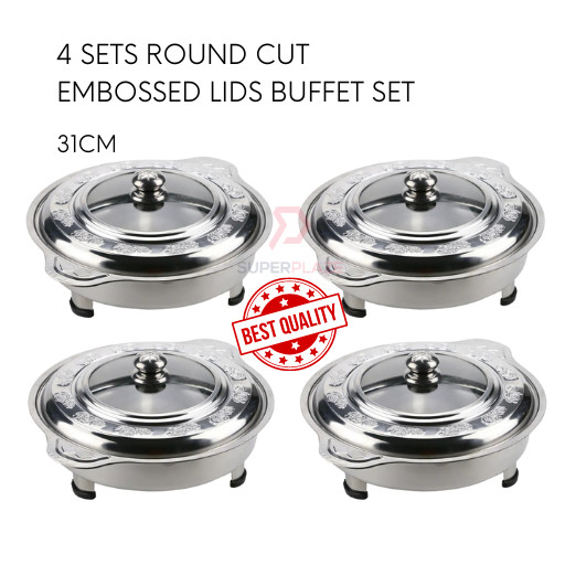 4 Sets 31cm Round Embossed Lids Stainless Steel Buffet Set Catering Serving Tray Food Pan