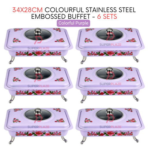 6 Sets Purple Straight 34x28cm Colorful Stainless Steel Embossed Buffet Food Pan Catering Food Serving Tray