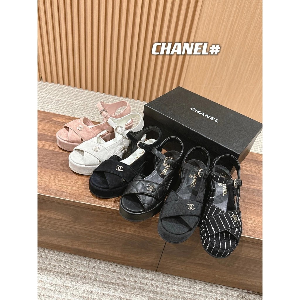 Chane124ss Spring Summer New Style Diamond Wedge Heel Platform Fish Mouth Platform Sandals Lambskin/Sheepskin/Cloth/Woolen Material Sheepskin Lining Sandals Waterproof Platform Cross Strap Sandals Women Chane1 Sandals Chanel Thick-Soled Platform Sandals F