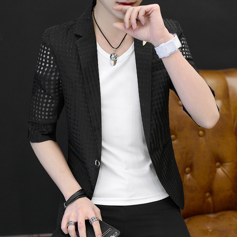 Youth short-sleeved suit men's summer sunscreen suit slim-fitting hollow small suit medium-sleeved chiffon suit thin breathable jacket tide