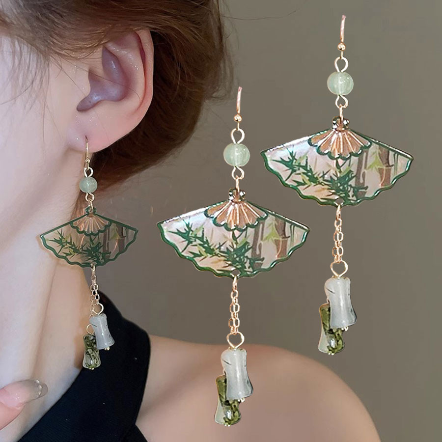 New Chinese Style Chinese Style Transparent Folding Fan Bamboo Pattern Niche Antique Bamboo Fashion Earrings