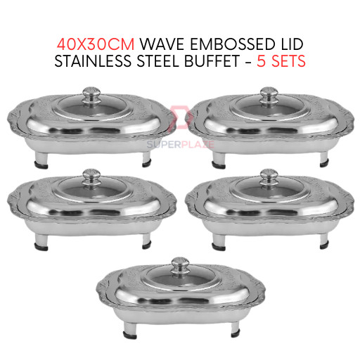 5 Sets 40x30cm Wave Embossed Stainless Steel Buffet Set Catering Serving Tray Food Pan