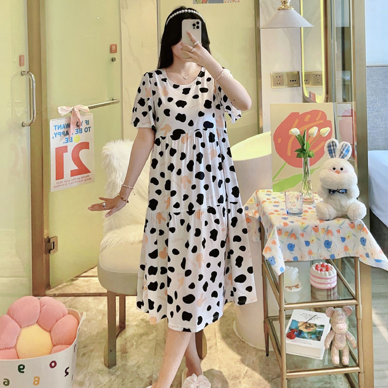 New Style Cotton Silk Maternity Nightdress Women Summer Thin Summer Pajamas Dress Short Sleeve Plus Fat Plus Size Graphene Cotton Silk Antibacterial Comfortable Breathable Good Skin-Friendly Homewear