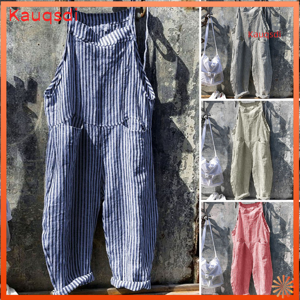 [KAU] Women Summer Jumpsuit Striped Print Sleeveless Loose Plus Size Big Patch Pockets Deep Crotch Wide Leg Baggy Casual Long Suspender Jumpsuit