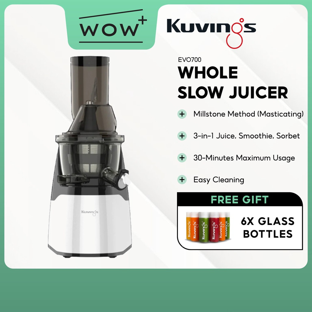 Kuvings EVO700 Refined Robin Whole Slow Juicer - White, 3in1 Straight Chute Millstone Method Extract