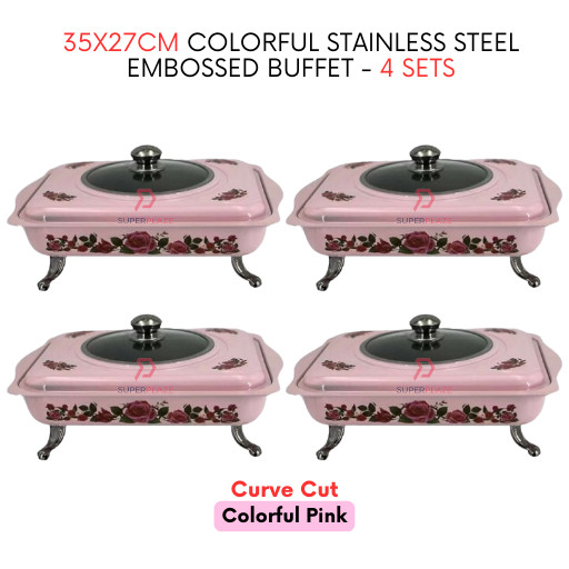 4 Sets Pink Curve 35x27cm Colorful Stainless Steel Embossed Buffet Food Pan Catering Food Serving Set Tray