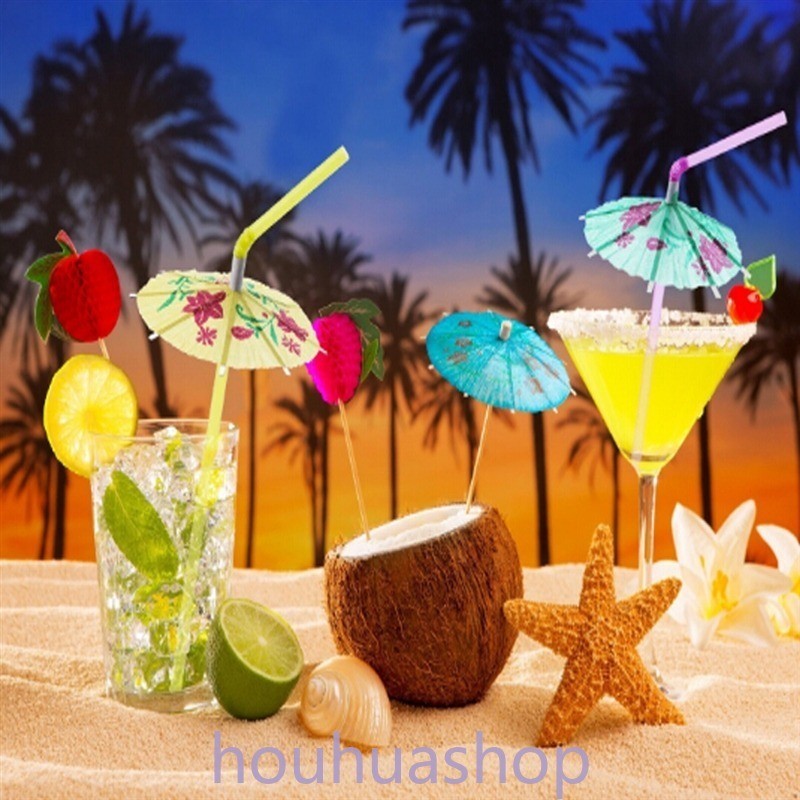 20 pieces of tropical plastic umbrellas, sunshade umbrellas, cocktail straws, beverage umbrellas, disposable straws, Hawaii Beach wedding parties, beverage decorations