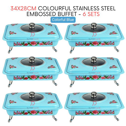 6 Sets Blue Straight 34x28cm Colorful Stainless Steel Embossed Buffet Food Pan Catering Food Serving Tray