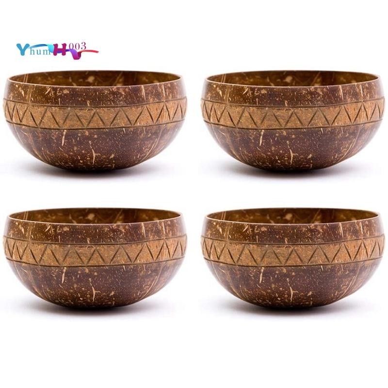 Handcarved Zigzag Coconut Bowl,Vegan Organic Salad Smoothie Buddha Acai Bowl for Kitchen, Dining and Decoratio 4Pcs