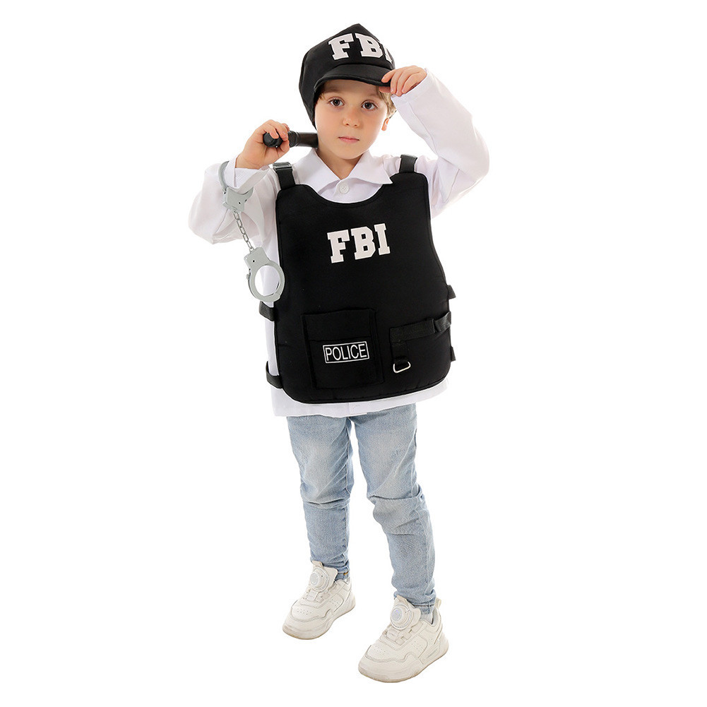 Kids FBI Police Cosplay Bulletproof Vest Hat Baton Handcuffs Fancy Dress Outfits