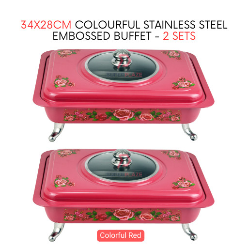 2 Sets Red Straight 34x28cm Colorful Stainless Steel Embossed Buffet Food Pan Catering Food Serving Tray