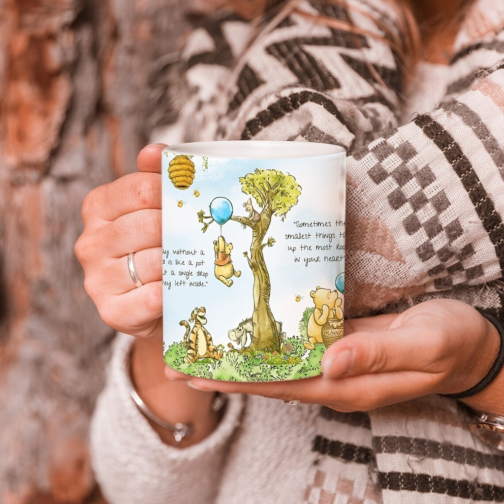 1pc, Winnie The Pooh Ceramic Coffee Mug, Cute Wide-Mouth Cup With Inspirational Quote, Ideal Gift For Family And Friends, Cartoon Design