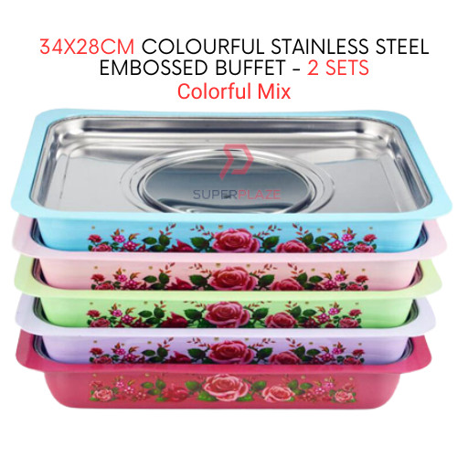 2 Sets Mix Color Straight 34x28cm Colorful Stainless Steel Embossed Buffet Food Pan Catering Food Serving Tray