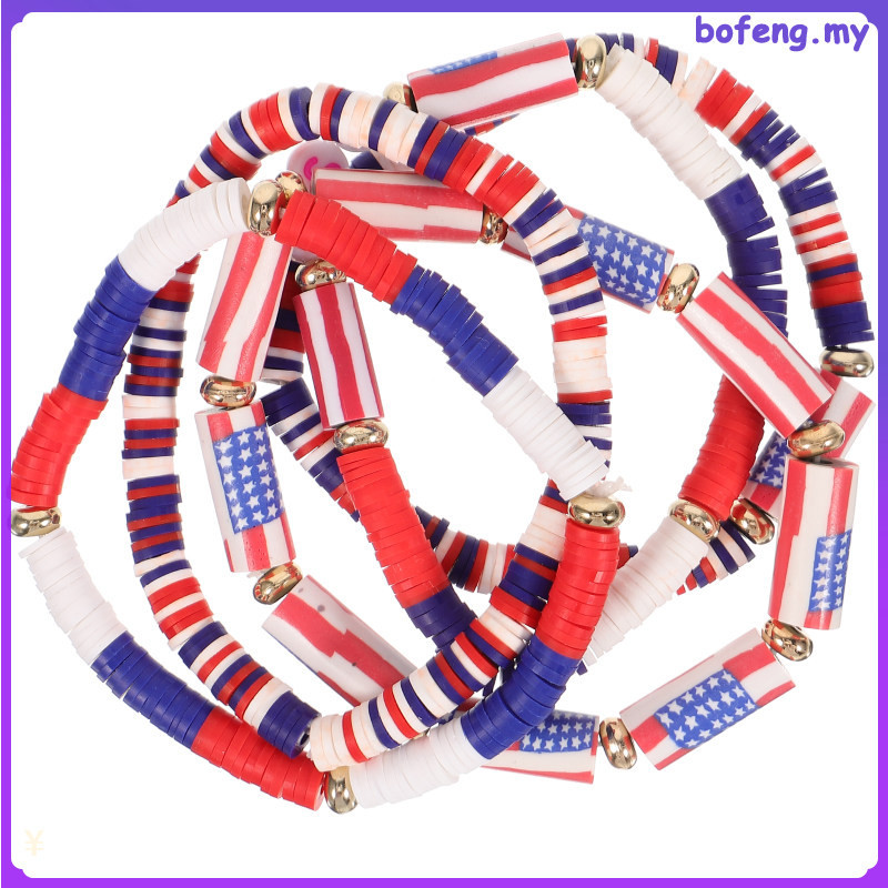 5 Pcs Polymer Clay Bracelet 4th of July Jewelry Patriotic Party Wristband Bulk Beads Holiday Accessories White Elastic Stackable Bracelets Beaded Miss bofeng