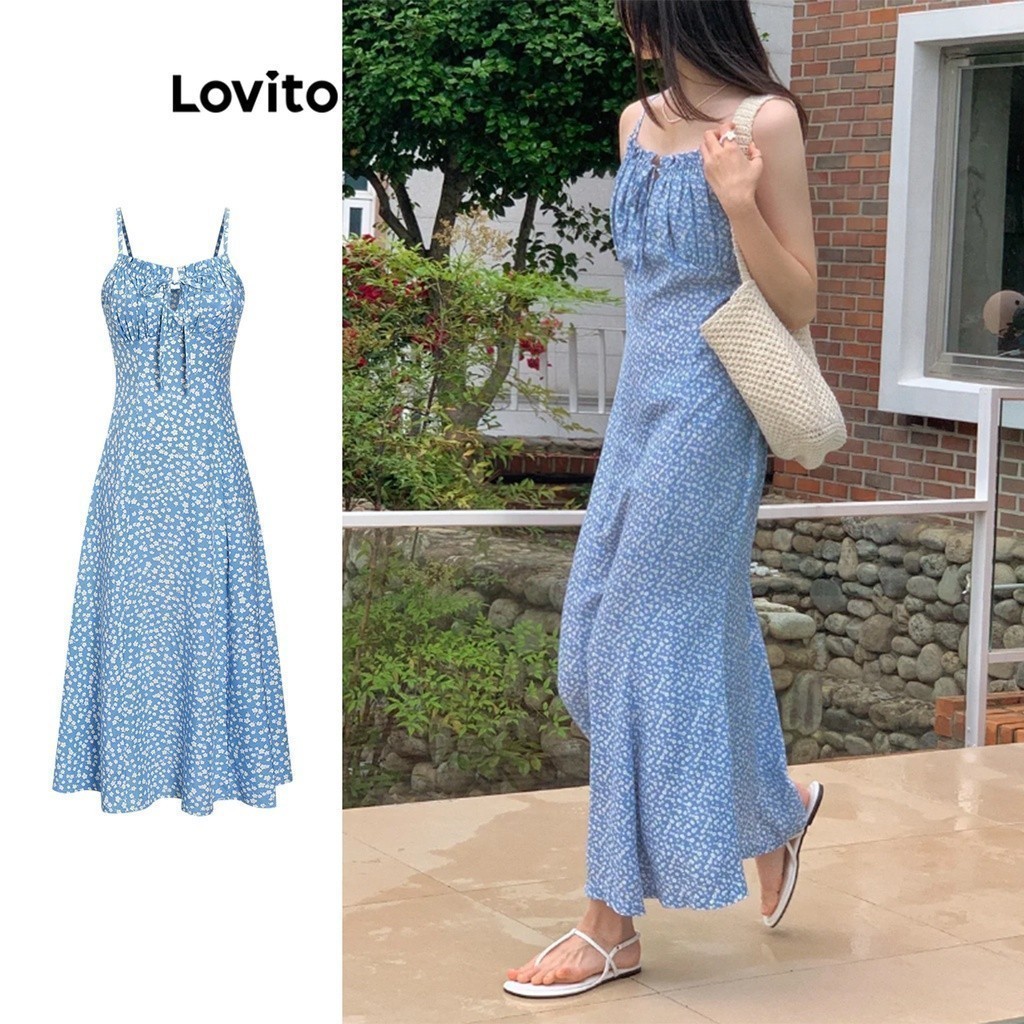 Lovito Casual Ditsy Floral Lace Up Frill Dress for Women L68ED334 (Blue) Lovito Gaun Bertali Renda Bunga Ditsy Kasual untuk Wanita