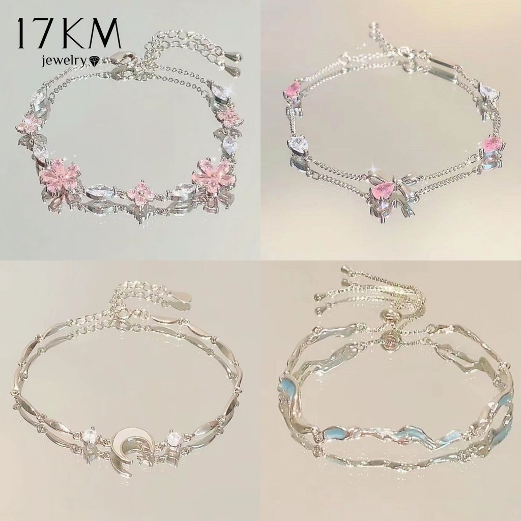 17KM Fashion Crystal Bow Bracelet for Women Elegant Heart Pendant Gems Pearl Bangle Accessories Jewelry