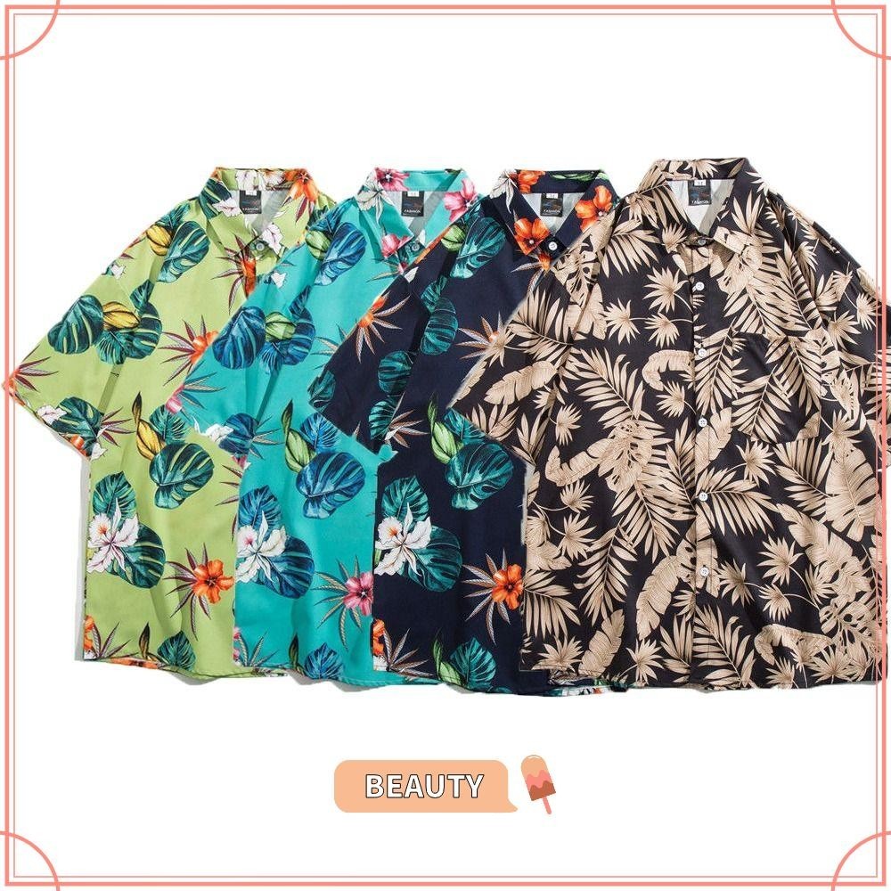 BEAUTYONE Hawaiian Shirt, Short Sleeve Holiday Clothing Apparel Beach Loose Tops, High Quality Attractive Color Comfortable Wear Flower Plants Men's Shirt