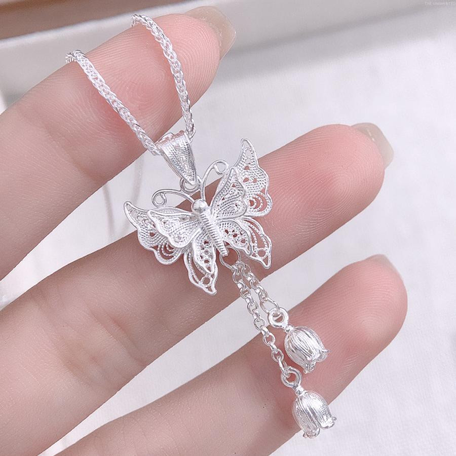 Pure Silver S999 Butterfly Pendant Tassel Love of Butterfly Silver Necklace Light Luxury Hollow Clavicle Chain Gift Fashion Popular