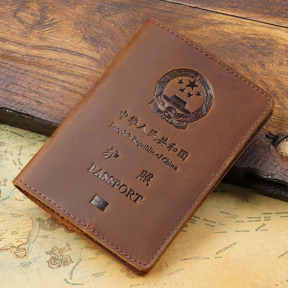 Chinese Passport Holder ID Folder Genuine Leather Boarding Card Wallet Passport Cover