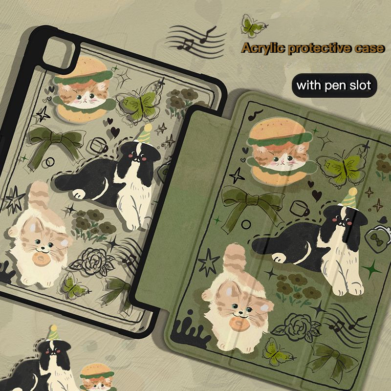 For iPad Case Air 7 M3 2025 11th A16 Air 6 M2 Pro 11 M4 Air 5 4 10.9 10th 9th 8th 7th Gen 10.2 Case With Pencil Holder Acrylic Retro Burger Kitten