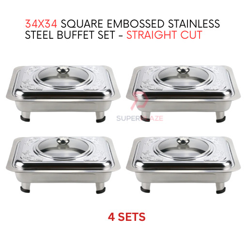 4 Sets 34x34 Square Embossed Stainless Steel Buffet Set Catering Serving Tray Food Pan Warmer