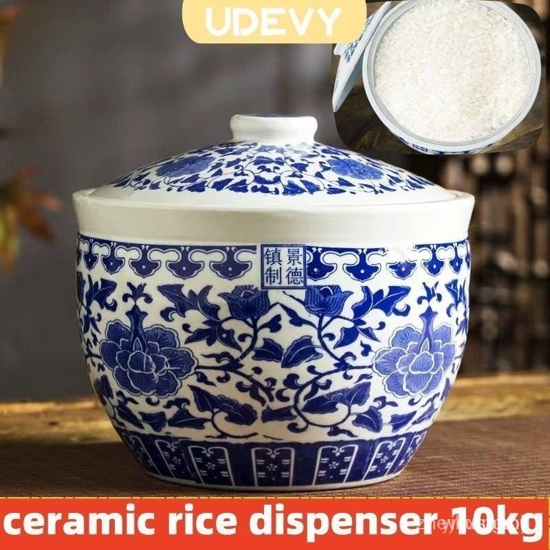 【In stock】5kg 10kg ceramic rice dispenser blue and white porcelain cereal food storage container with cover 2FDL ZWRZ