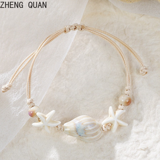 Handmade Ceramic Conch Starfish Beach Bracelet Braided Rope Bracelets For Women Fashion Jewelry Holiday Gifts Accessories Adjustable Blie Pink White Green